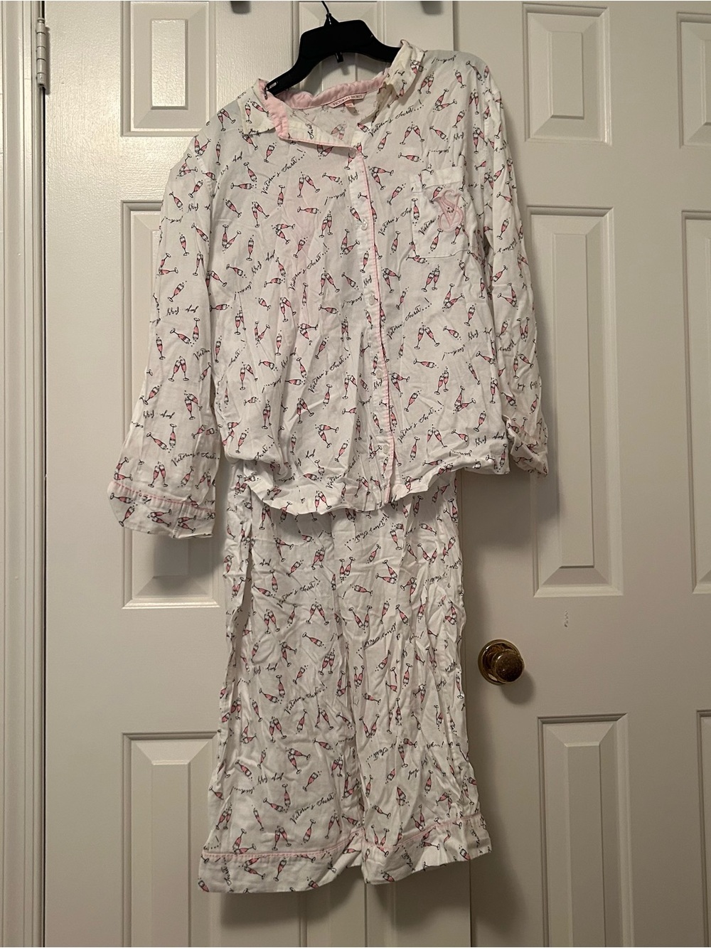 Victoria's Secret Champagne Print Flannel Pajama Set Long Sleeve Top & Pants